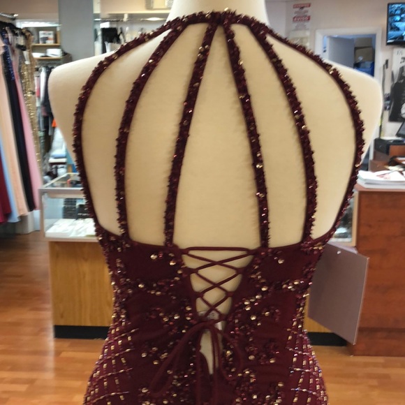 Shail K Dresses Burgandy Prom Dress With Sequins And Beads Corset